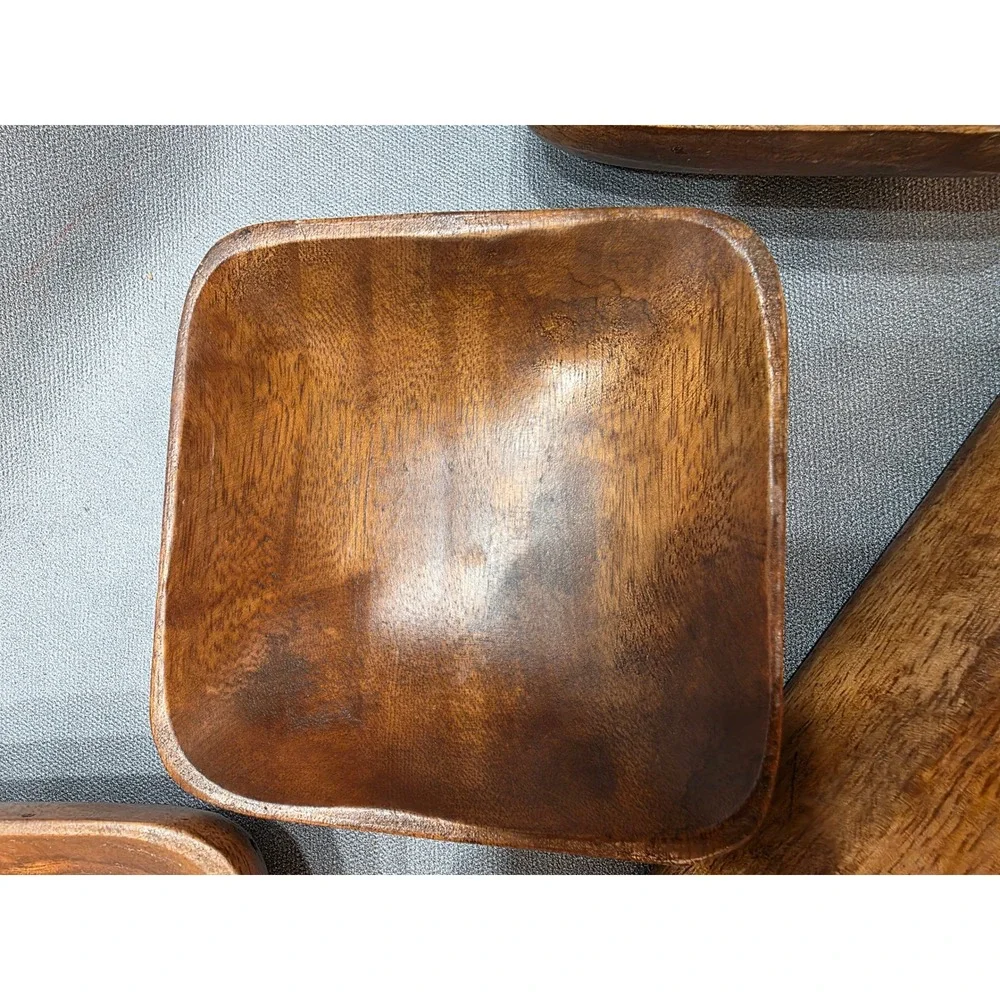Vintage Acacia Wood Serving Set 3 Square Bowls and Rectangular Tray Philippines